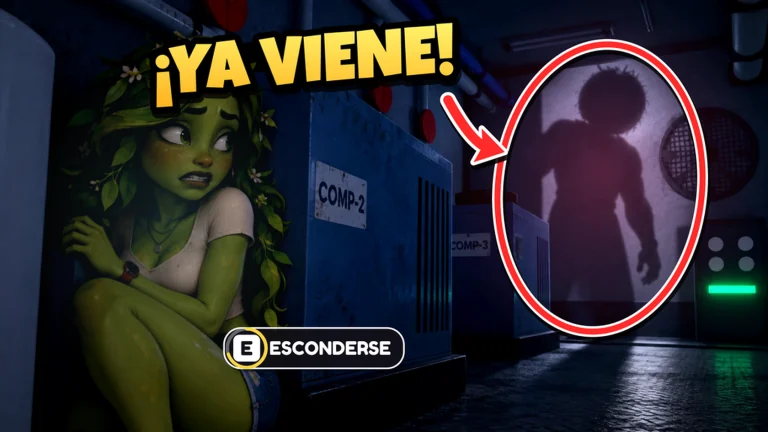 A lime character beside green hiding cabinets in a cool blue compressor room